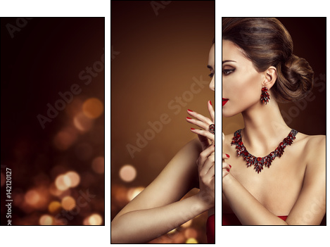Woman Hair Bun Hairstyle, Fashion Model Beauty Makeup and Red Jewelry, Beautiful Girl Side View - Obraz trzyczęściowy, Tryptyk