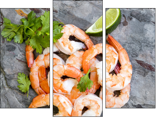 Shrimps on Slate Top View with Lime and Cilantro - Obraz trzyczęściowy, Tryptyk