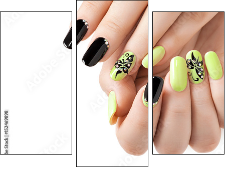 Female manicure. Black and yellow long nails. - Obraz trzyczęściowy, Tryptyk