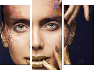 Face Art Color Beauty Makeup, Creative Model Make Up, Woman Fashion Faceart - Obraz trzyczęściowy, Tryptyk