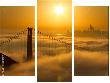 Spectacular Golden Gate Bridge sunrise with low fog and city view - Obraz trzyczęściowy, Tryptyk