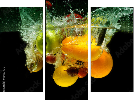 Fruit and vegetables splash into water  - Obraz trzyczęściowy, Tryptyk