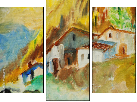 old houses in spanish village, illustration, painting  - Obraz trzyczęściowy, Tryptyk