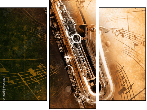 Old Saxophone with dirty background  - Obraz trzyczęściowy, Tryptyk