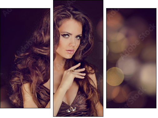 Fashion lady, sensual brunette woman with shiny curly silky hair  - Obraz trzyczęściowy, Tryptyk