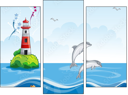 Children's illustration of the lighthouse and the sea dolphins.  - Obraz trzyczęściowy, Tryptyk