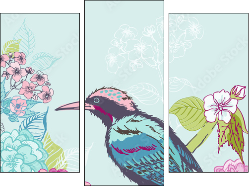 Bird with Flowers Background - for design and scrapbook - in vec  - Obraz trzyczęściowy, Tryptyk
