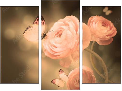 Bouquet of pink roses against a dark background  butterfly  - Obraz trzyczęściowy, Tryptyk