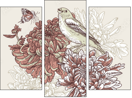 Flowers with bird illustration  - Obraz trzyczęściowy, Tryptyk
