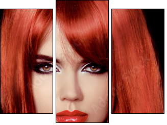 Red Hair. Beautiful Sexy Girl. Healthy Long Hair. Beauty Model W  - Obraz trzyczęściowy, Tryptyk