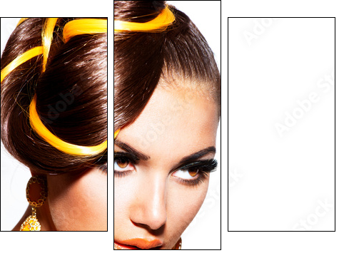 Fashion Model Girl Portrait with Yellow and Orange Makeup  - Obraz trzyczęściowy, Tryptyk