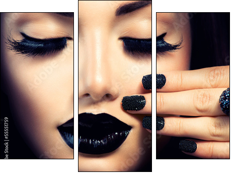 Beauty Fashion Girl with Trendy Caviar Black Manicure and Makeup  - Obraz trzyczęściowy, Tryptyk