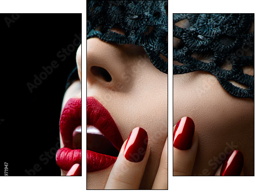 Beautiful Woman with Black Lace mask over her Eyes  - Obraz trzyczęściowy, Tryptyk
