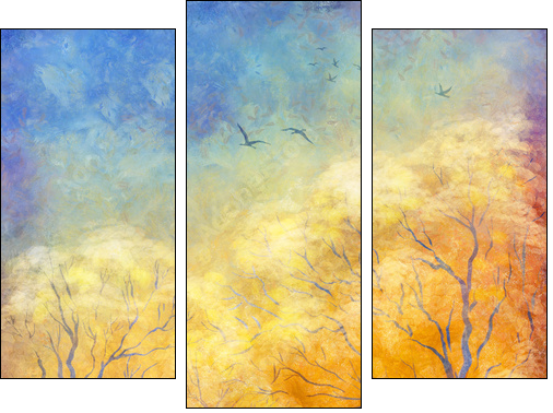 Digital oil painting autumn trees, flying birds  - Obraz trzyczęściowy, Tryptyk