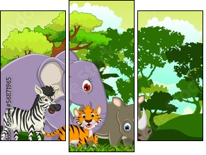 funny animal cartoon with tropical forest background  - Obraz trzyczęściowy, Tryptyk