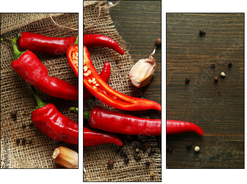 Na ostro - czerwona papryczka chili i czosnek - Obraz trzyczęściowy, Tryptyk