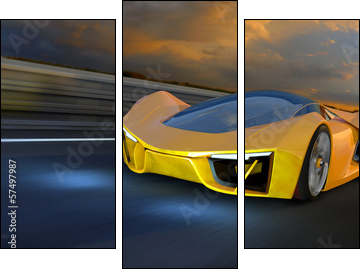 A yellow Future Fantasy Car on a Racing Track  - Obraz trzyczęściowy, Tryptyk