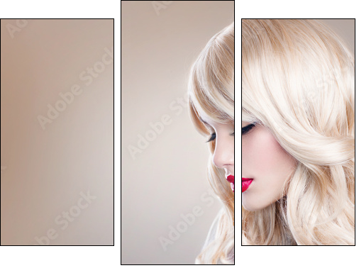 Blonde Woman Portrait. Beautiful Blond Girl with Long Wavy Hair  - Obraz trzyczęściowy, Tryptyk