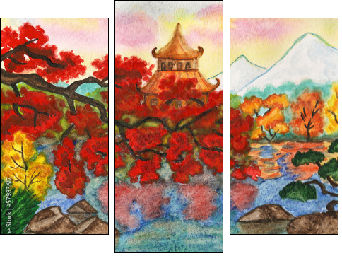 Autumn in Japan, painting  - Obraz trzyczęściowy, Tryptyk