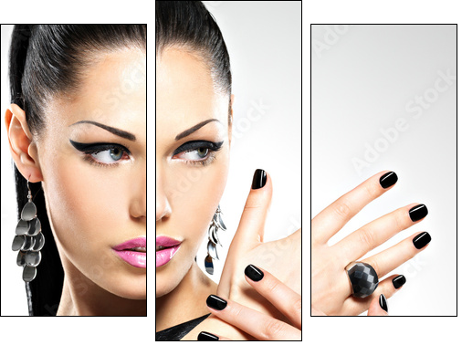 Beautiful fashion sexy woman with black nails at pretty face  - Obraz trzyczęściowy, Tryptyk