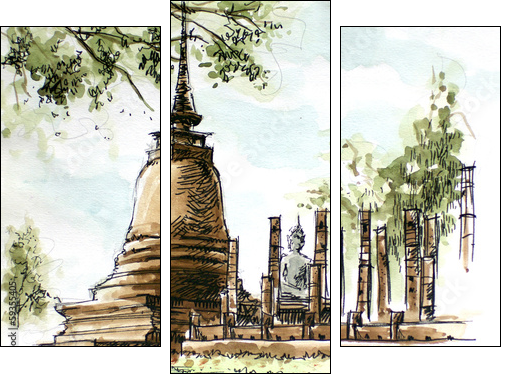 thailand ancient  temple water color painting  - Obraz trzyczęściowy, Tryptyk