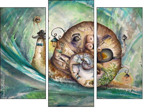 Snail with his house.Picture created with watercolors.  - Obraz trzyczęściowy, Tryptyk