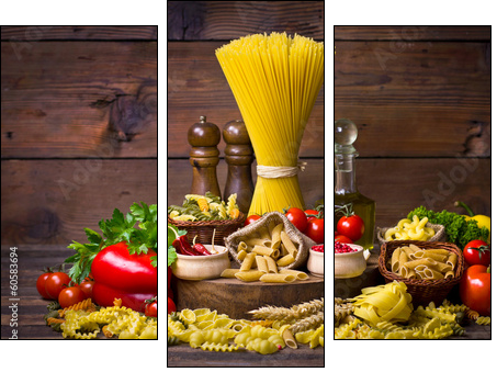 Variety of uncooked pasta and vegetables  - Obraz trzyczęściowy, Tryptyk