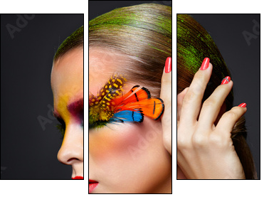 Woman with fashion feather eyelashes make-up  - Obraz trzyczęściowy, Tryptyk