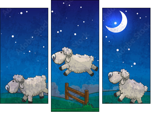 Three sheep  jumping over the fence. Count them to sleep.  - Obraz trzyczęściowy, Tryptyk