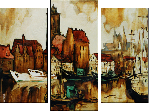 old harbour in the german city wismar, painting by oil on canvas  - Obraz trzyczęściowy, Tryptyk