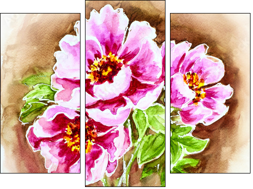 Painted watercolor card with peony flowers  - Obraz trzyczęściowy, Tryptyk