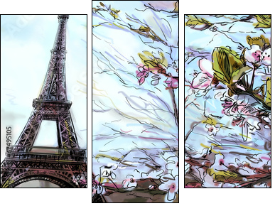 Street in paris. Eiffel tower - illustration  - Obraz trzyczęściowy, Tryptyk