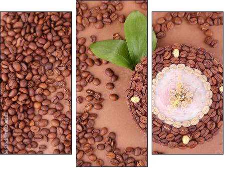 Beautiful clock of coffee beans, on brown background  - Obraz trzyczęściowy, Tryptyk