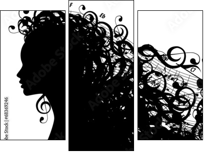 Vector Silhouette of Female Head with Musical Symbols  - Obraz trzyczęściowy, Tryptyk