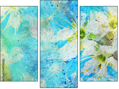 messy watercolor splatter and blooming spring twig  - Obraz trzyczęściowy, Tryptyk