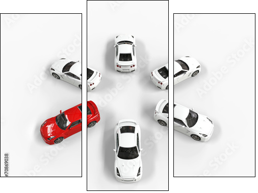 Red car among many white cars - top view  - Obraz trzyczęściowy, Tryptyk