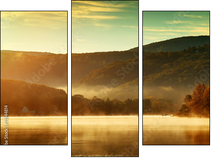 Beautiful autumn landscape, the lake in the morning fog  - Obraz trzyczęściowy, Tryptyk