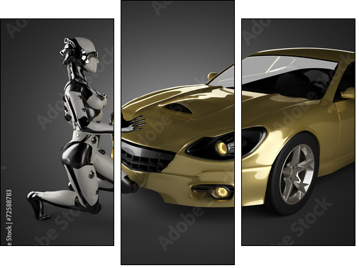 luxury brandless sport car and woman robot  - Obraz trzyczęściowy, Tryptyk