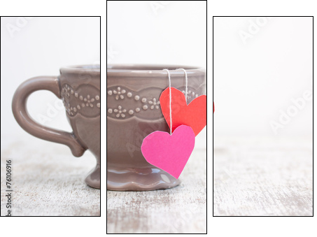 cup with heart shaped tea bag  - Obraz trzyczęściowy, Tryptyk