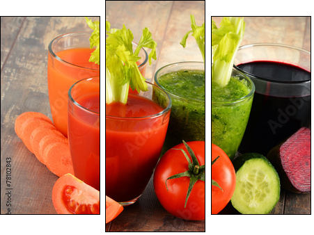 Glasses with fresh organic vegetable juices on wooden table  - Obraz trzyczęściowy, Tryptyk