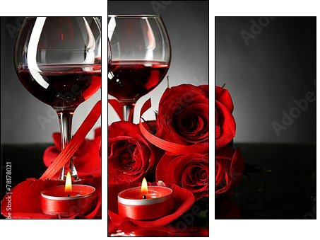 Composition with red wine in glasses, red rose and decorative  - Obraz trzyczęściowy, Tryptyk