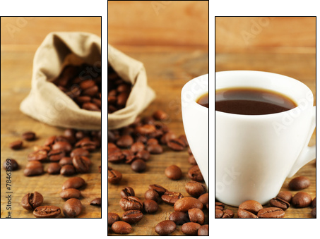 Cup of coffee with beans on rustic wooden background  - Obraz trzyczęściowy, Tryptyk