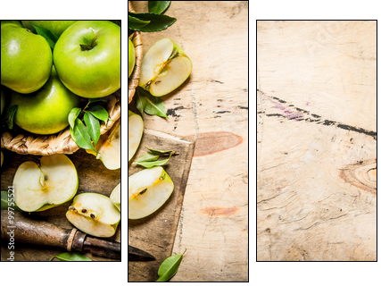 Fresh green apples in the basket with knife . - Obraz trzyczęściowy, Tryptyk