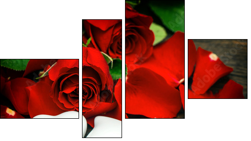 Red roses and two hearts. Valentines Day or Wedding vintage - Obraz czteroczęściowy, Fortyk