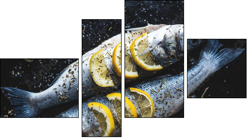 Sea bass fish with lemon on blackboard. Preparing for grill - Obraz czteroczęściowy, Fortyk