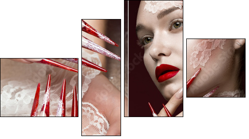 Beautiful girl with lace, red lips and long nails. Beauty face. Photos shot in studio. collage of photos - Obraz czteroczęściowy, Fortyk