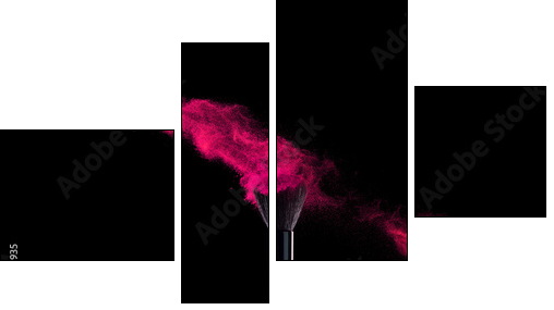 Make-up brush with powder explosion on black background - Obraz czteroczęściowy, Fortyk
