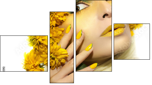 Yellow makeup and manicure with a sharp oval shape of the nails on the girl with the flowers. - Obraz czteroczęściowy, Fortyk