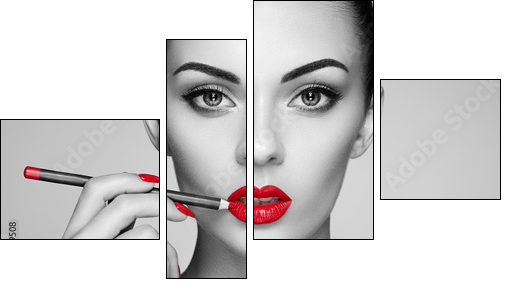 Black and white photo of woman painting lipstick. Beautiful woman face. Makeup detail. Beauty girl with perfect skin. Red lips and nails manicure - Obraz czteroczęściowy, Fortyk