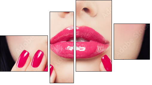 Makeup Lips with Pink Glossy Lipstick and Pink Nails. Shiny Lips and Hand with Manicure - Obraz czteroczęściowy, Fortyk